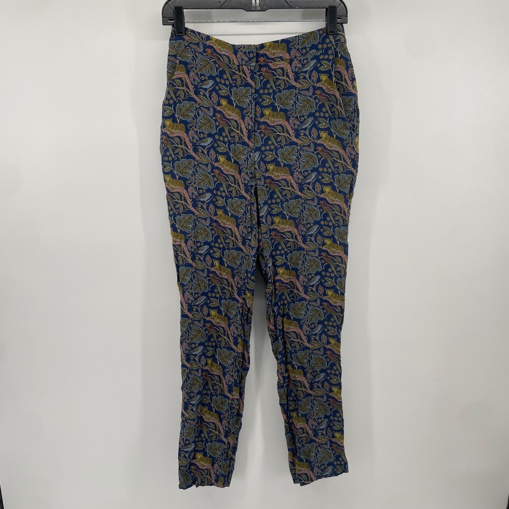 J.Crew Silk Pants Womens 2 Navy Blue Leopard Botanical Tapestry Print Trousers